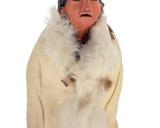 Native American Terracotta Sculpture with Buckskin & Fur Robe Signed Ni-Glee