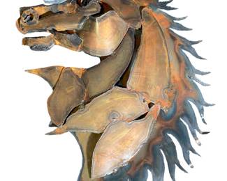 TESSA Signed Brutalist Metal Horse Head Wall Sculpture Rustic Industrial Art