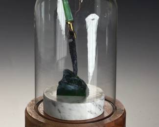 Artisanal Obsidian Arrowhead & Green Glass Dagger Sculpture in Glass Dome