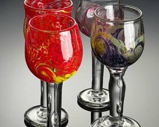 4 George Averbeck Signed Studio Art Glass Wine Goblets Fire on the Mountain AZ