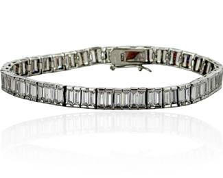 Sterling Silver Baguette CZ Tennis Bracelet 925 Art Deco Style 7.75"