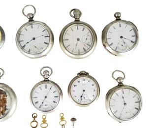 Antique Pocket Watch Lot of 8 - Elgin, Waltham, Illinois, Train Dial, 1158g