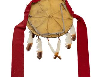 Native American Style Painted Hide Medicine Shield with Feathers - 21 in