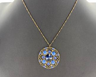 Anne Koplik Designs Blue Crystal Filigree Pendant Necklace Vintage Style