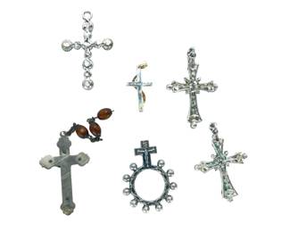10pc Vintage Costume Jewelry Cross Pendants Lot - Rhinestone, Crucifix, Rosary