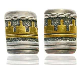 Tommy Singer Navajo Sterling Silver Gold Overlay Tufa Cast Clip Earrings 
