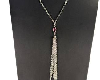 Vintage Sarah Coventry Silver Tone Tassel Y-Necklace Pink Rhinestone 20"