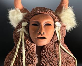 Native American Terracotta Buffalo Dancer Warrior Sculpture - Mixed Media 19"