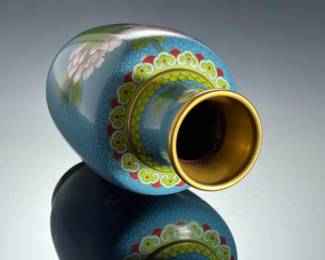 Vintage Chinese Cloisonne Enamel Peony & Bird Vase with Carved Wood Stand