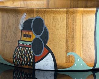Signed Native American Style Hand-Painted Wooden Bowl - Kachina Motif 12"