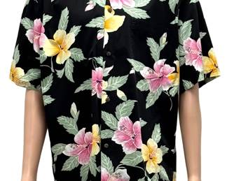 Vintage Pineapple Juice Hawaiian Shirt Men's Large Black Hibiscus Rayon Aloha