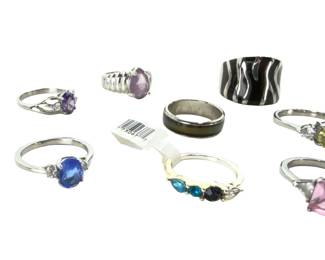 8pc Costume Jewelry Ring Lot - Faux Amethyst, Sapphire, Zebra Enamel Bands