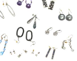 15 Pairs Estate Costume Earrings Lot - Crystals, Amethyst Style, Silver Tone