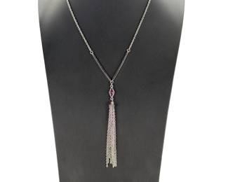 Vintage Sarah Coventry Silver Tone Tassel Y-Necklace Pink Rhinestone 20"