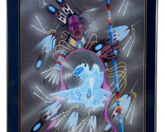 Michael Huzo Paddlety Original Painting 'Search for White Buffalo' Kiowa Art 1993