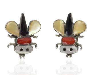 Vintage Sterling Silver Multi-Stone Inlay Bug Clip On Earrings Insect Fly Bee