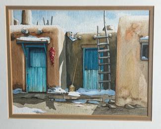 Norma Gibson Original Watercolor Pueblo Neighbors Taos NM Signed Framed Art