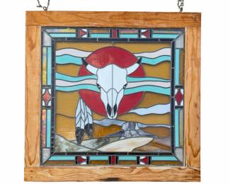 Southwest Stained Glass Window Panel - Large Western Steer Cow Skull Art