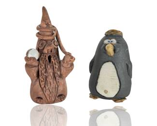 Vintage Studio Art Pottery Figurines - Whimsical Wizard & Penguin, Set of 2