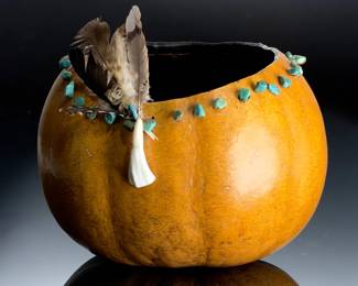 Southwest Hand-Carved Gourd Art Bowl with Turquoise, Feathers & Elk Tooth