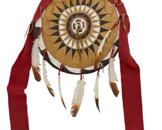 Native American Style Painted Hide Medicine Shield with Feathers - 21 in