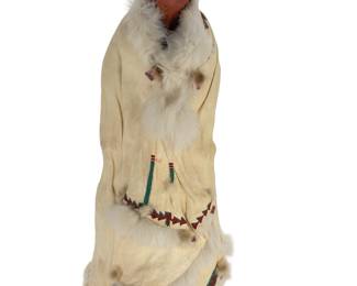 Native American Terracotta Sculpture with Buckskin & Fur Robe Signed Ni-Glee