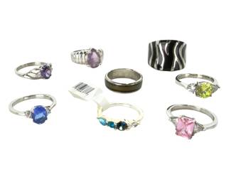 8pc Costume Jewelry Ring Lot - Faux Amethyst, Sapphire, Zebra Enamel Bands