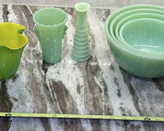 Lot 252: Green Glass Bowls and Vases Set