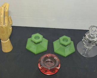 Lot 308: Wooden Hand Display, Candlesticks, and Glass Holder Assortment