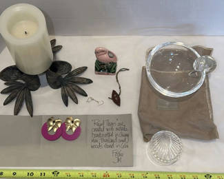 Lot 327: Steuben Glass Bowl and Covered Dish with Assorted Decor Items and Earrings