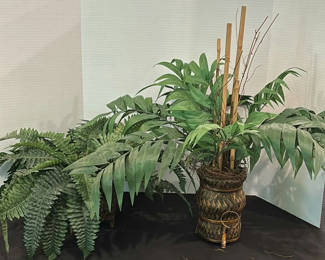 Lot 148: Artificial Plants in Woven Baskets and Wooden Display Stand