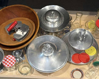 Lot 264: Wooden Bowls, Metal Serving Pieces, and Glass Jars