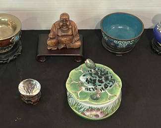 Lot 157: Decorative Bowls, Cloisonné Vase, Frog Trinket Box, and Buddha Figurine