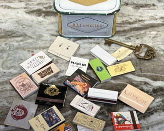 Lot 244: Vintage Match Holder, Matchbooks, and Decorative Key Bottle Opener