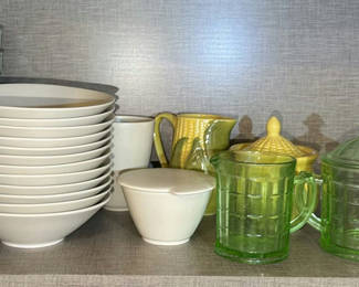 Lot 292: Assorted Ceramic Bowls, Ramekins, Pitchers, and Green Glass Mugs