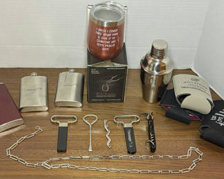 Lot 240: Barware Accessories Lot with Flasks, Wine Tumbler, Cocktail Shaker, and Bottle Openers