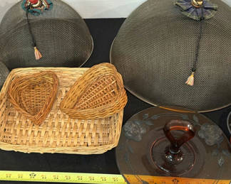 Lot 303: Decorative Mesh Food Covers, Wicker Baskets, and Glass Serving Pieces