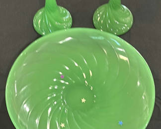 Lot 140: Green Glass Bowl and Pair of Candlesticks