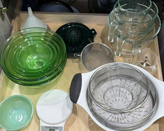 Lot 279: Assorted Kitchen Bowls, Measuring Pitchers, Strainers, and Kitchen Tools