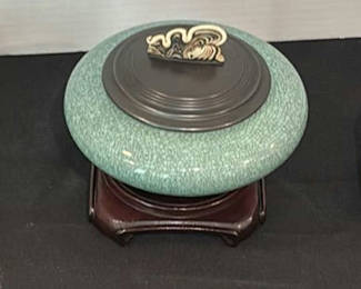 Lot 161: Set of Three Ceramic Lidded Containers with Wooden Bases
