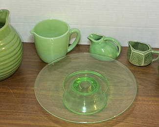Lot 237: Collection of Vintage Green Glass and Ceramic Pitchers and Creamers