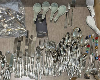 Lot 286: Assorted Flatware, Serving Utensils, Ceramic Asian Spoons, and Cocktail Picks