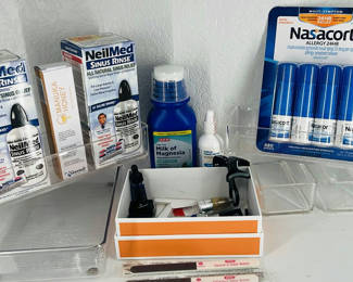 Lot 32: NeilMed Sinus Rinse, Nasacort Allergy Spray, Grooming Tools, and Acrylic Organizers
