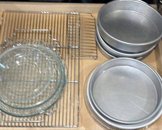 Lot 273: Assorted Baking Pans, Cooling Racks, and Glass Pie Dishes