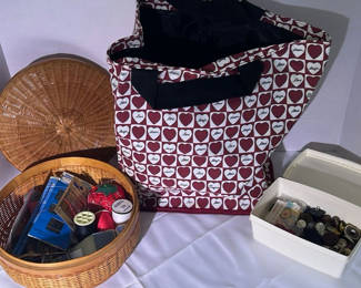 Lot 49: Sewing and Craft Supplies with Buttons, Wicker Basket, and Tote Bag