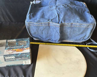 Lot 202: Turley Denim Apron, Cutting Board, Disposable Cutlery, and Kitchen Towels