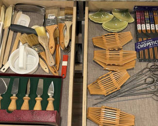 Lot 272: Assorted Kitchen Utensils, Cheese Knives, Ceramic Dishes, Chopsticks, and Skewers