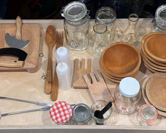 Lot 263: Wooden Bowls, Plates, Utensils, and Glass Storage Jars