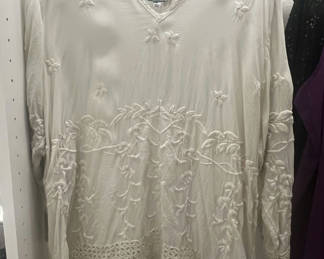 Lot 62: Johnny Was White Embroidered Blouse, Purple Camisole, and Eileen Fisher Black Beaded Top
