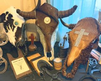 Western-themed decor, including decorative cow skulls